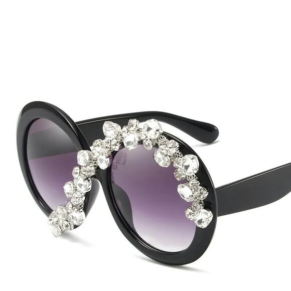 Large‎ Oversized Black Round Bejeweled Rhinestone Sunglasses Fashion Glasses - Picture 3 of 3